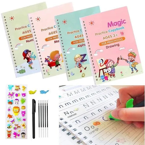 (Pack of 4) Magic Practice Copybook for Kids, Children Reusable Handwriting Practice Copy Books for Preschools Magic Workbook Letter Writing Book